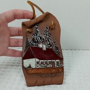 Vintage Quebec Folk Art Glazed Clay/Pottery Wall Hanging A Cottage In The Woods